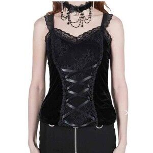Carrie Caustic Killstar Black lace trim lace and velvet tank top S gothic